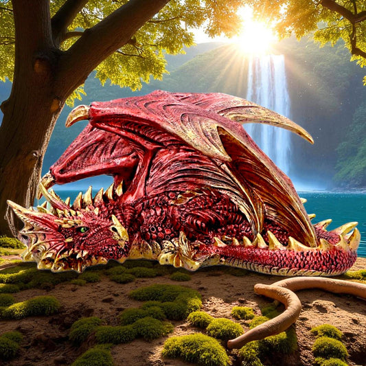Mythical Red Gothic Dragon Resting Fantasy Creature Figurine Enchanted Decor
