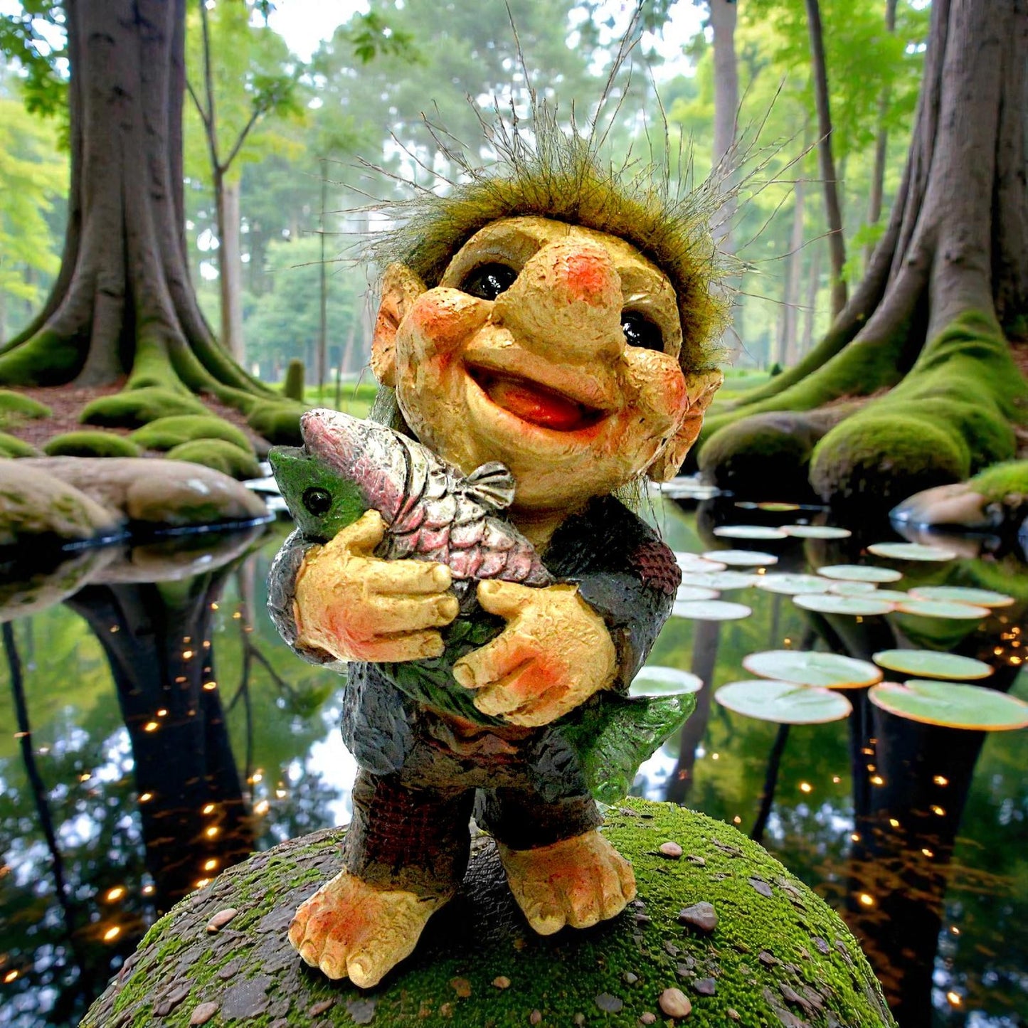 Nordic Troll with Fish Figurine Cute Resin Fantasy Ornament Mythical Folk Decor