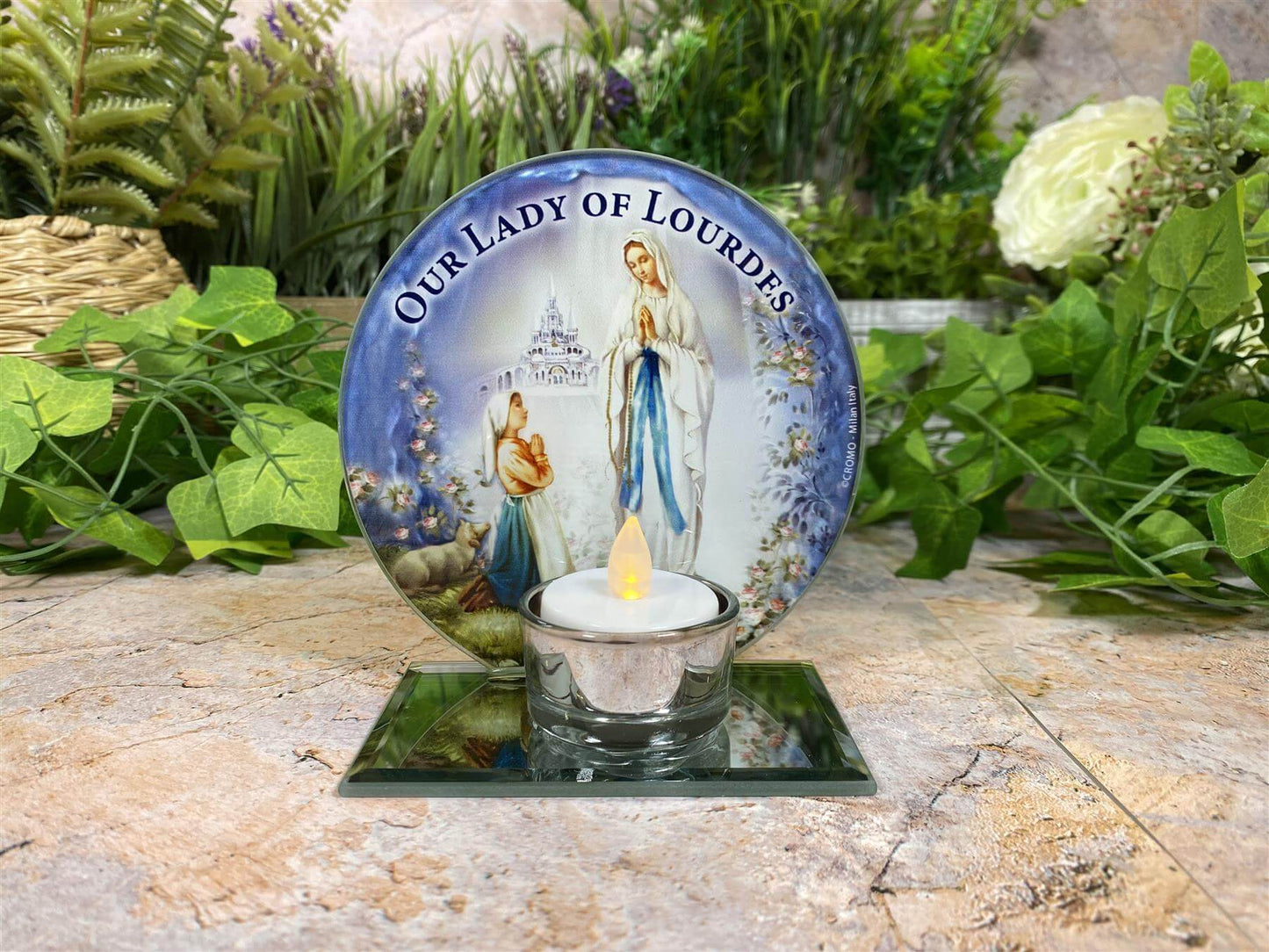 Beautiful Glass Votive Light Holder with Our Lady of Lourdes Catholic Gift