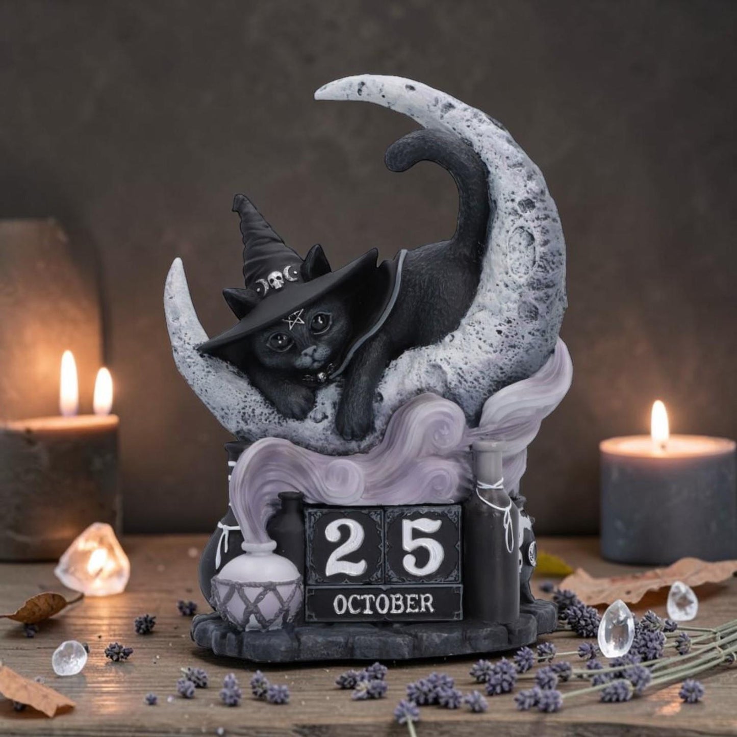 Gothic Black Cat Perpetual Calendar Witch Moon Halloween Wiccan Decor Art