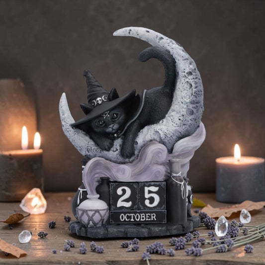 Gothic Black Cat Perpetual Calendar Witch Moon Halloween Wiccan Decor Art