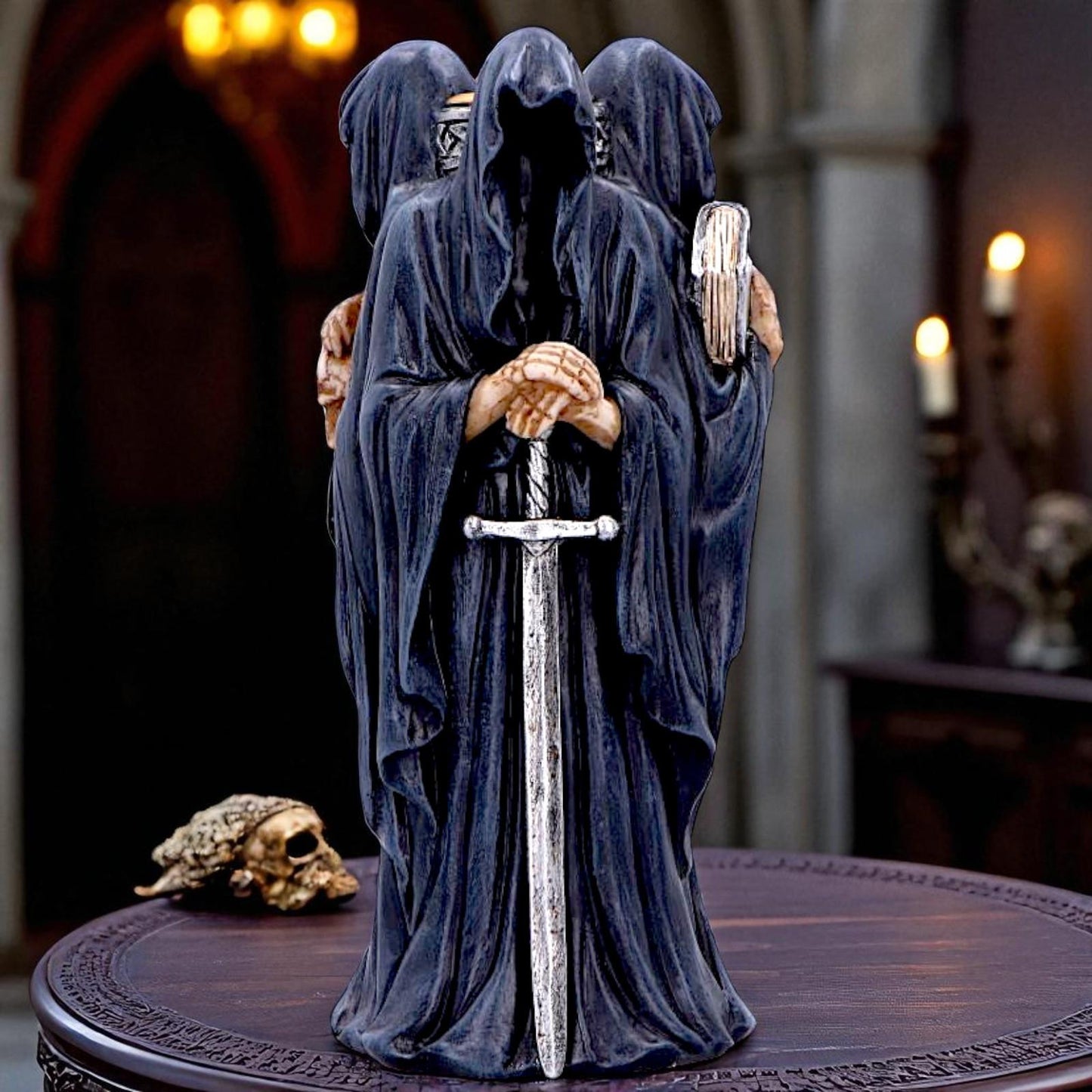 Dark Mystic Candle Holder Gothic Hooded Figures Ornament Fantasy Skull Sword