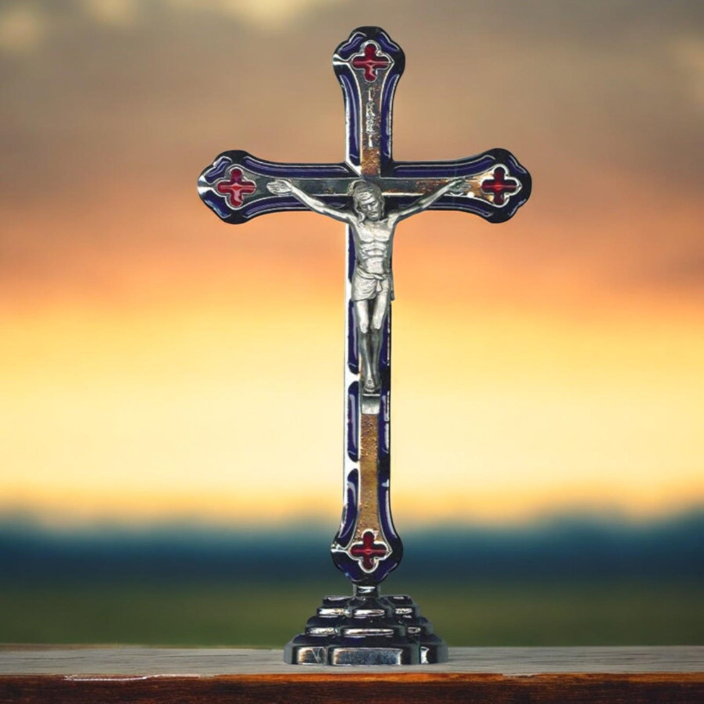 Silver Effect Metal Crucifix with Blue & Red Enamel - Boxed Religious Cross - 15 cm