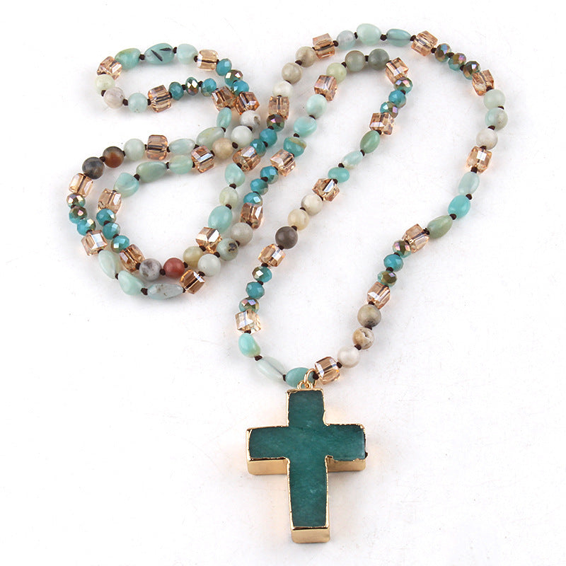 Fashion Bohemian Style Natural Stone Mixed Glass Cross Sweater Chain