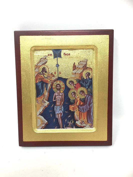 Baptism of Jesus Christ Picture Hanging Icon Style Religious Wall Plaque DecorA stunning iconic hanging picture that would look great on your wall. Made from wood these metallic pictures are highlighted in gold or silver.Osiris Craftworks