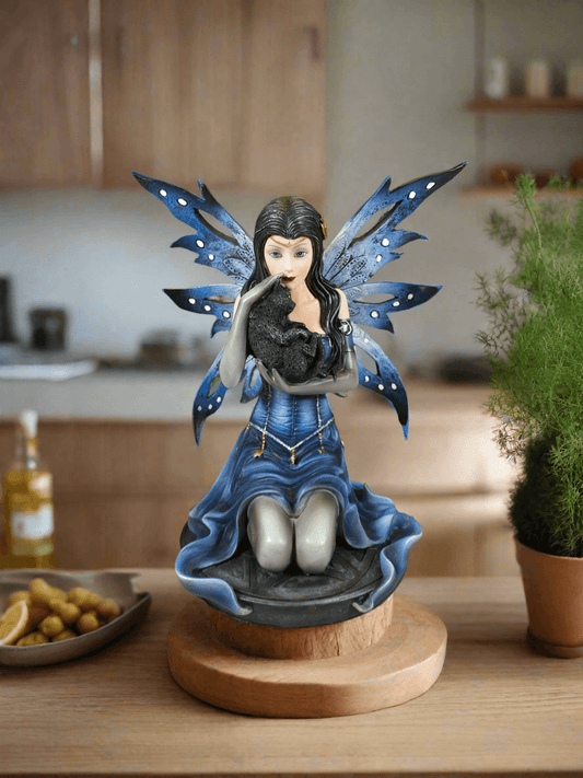 Elegant Fairy and Mysterious Black Cat Decorative Figurine Fantasy Statue Fairytale Gift Idea