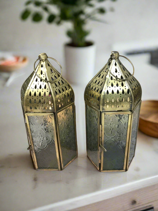 Set of Two Moroccan Style Lanterns Brass Antique Glass Tea Light Candle Holders Home Decoration