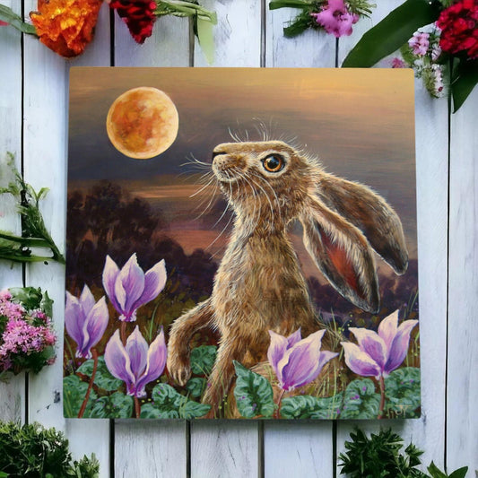 Judith Yates LUNA HARE Ceramic Tile 20x20cm | Hand-Painted Wall Art, Whimsical Nature Decor, Collectible Hare Design | Boxed Ready for Gifting