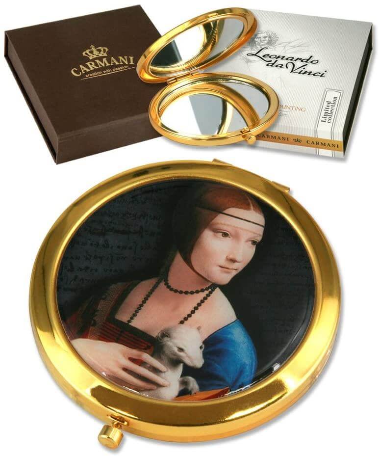 Elegant Da Vinci Lady with Ermine Compact Mirror | Art Lover Gift | Portable Makeup Mirror in Gift Box