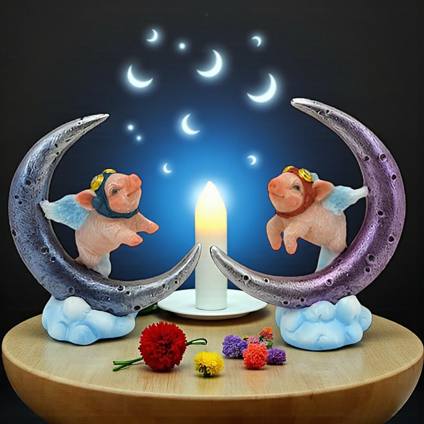 Whimsical Flying Pigs on Moon Figurine Pair Cute Fantasy Ornaments Home Deco