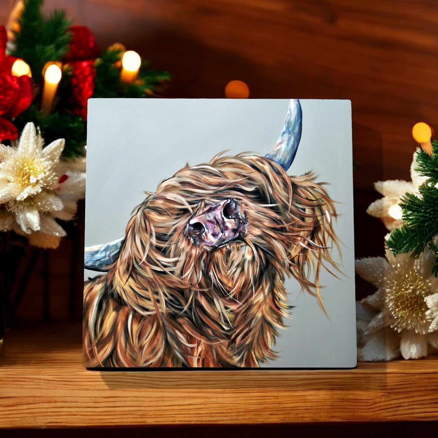 CASSY MCSASSY Highland Cow Ceramic Art Tile by Sam Fenner 20x20 cm – Ready to Hang