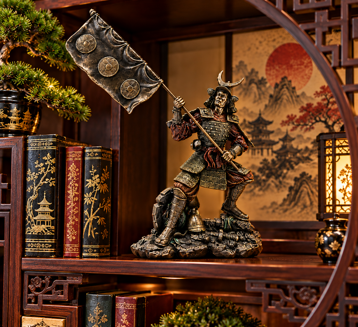 Samurai Warrior Figurine Japanese Military Banner Oriental Bronze Effect Decor