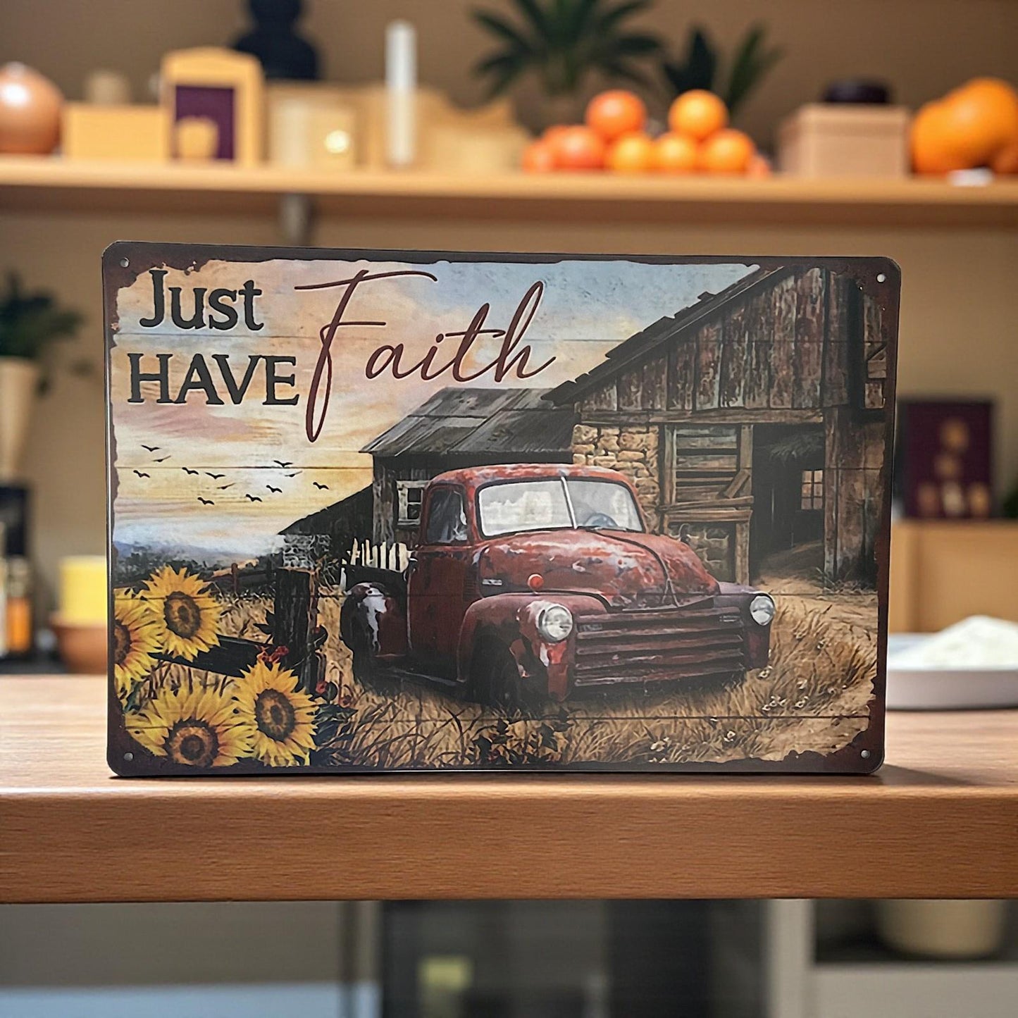 Rustic Farmhouse Metal Sign Sunflowers Red Truck Just Have Faith Wall Plaque