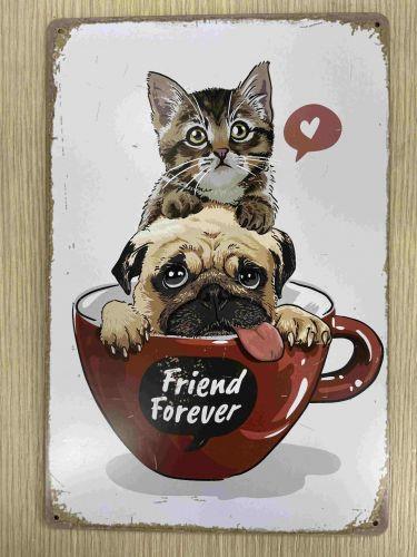 Vintage Style Metal Sign: Cat and Dog in a Cup - Friends Forever Wall Decor Ideal House Warming Gift for a Pet Owner-Osiris Craftworks