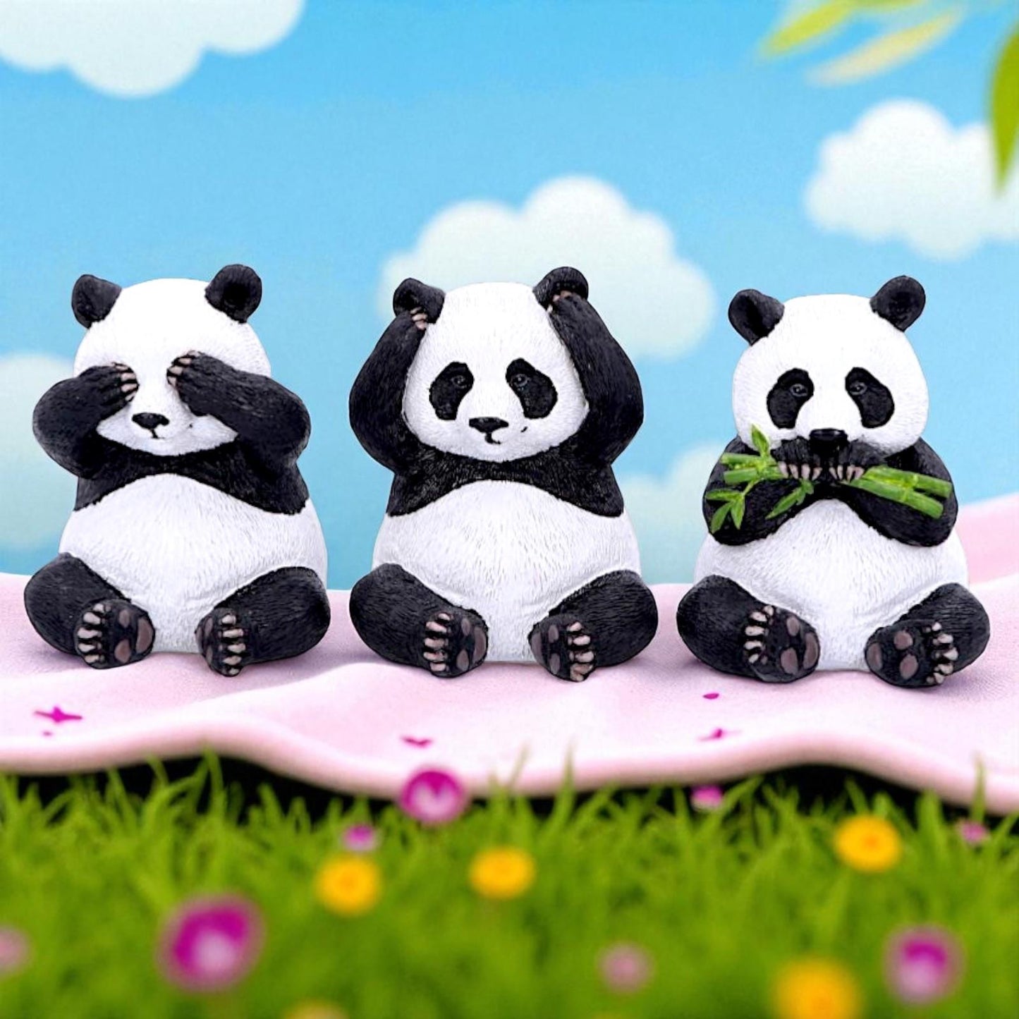 3 Wise Panda Figurines Animal Sculptures See No Hear No Speak No Evil Ornament