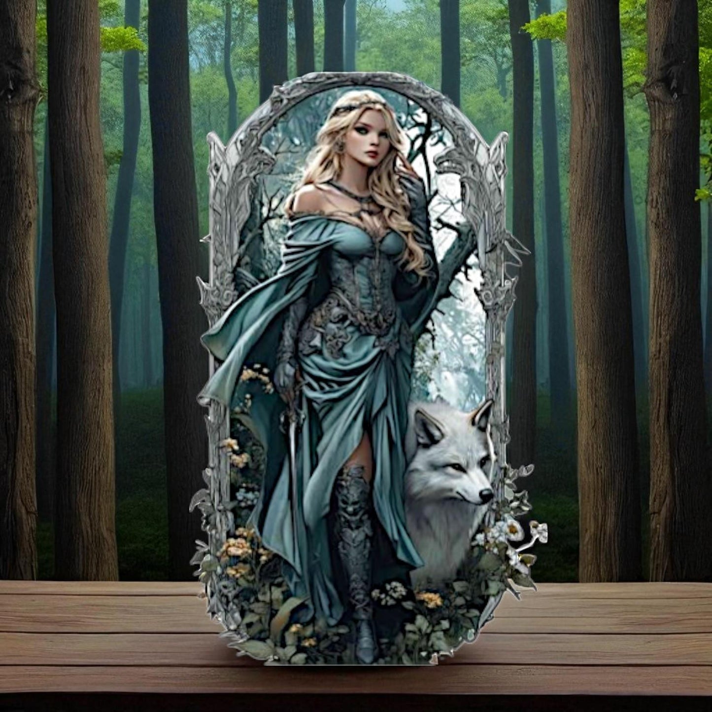 Elegant Sword Maiden with Wolf Metal Wall Art – Fantasy Gothic Style Panel – 48cm Home D