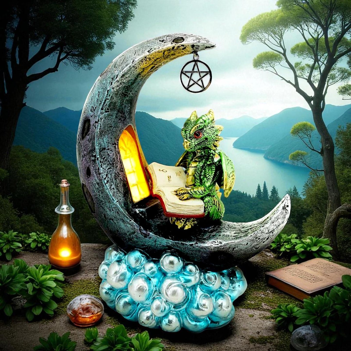 Mystical Green Dragon on Crescent Moon – LED Figurine Gothic Fantasy Decor