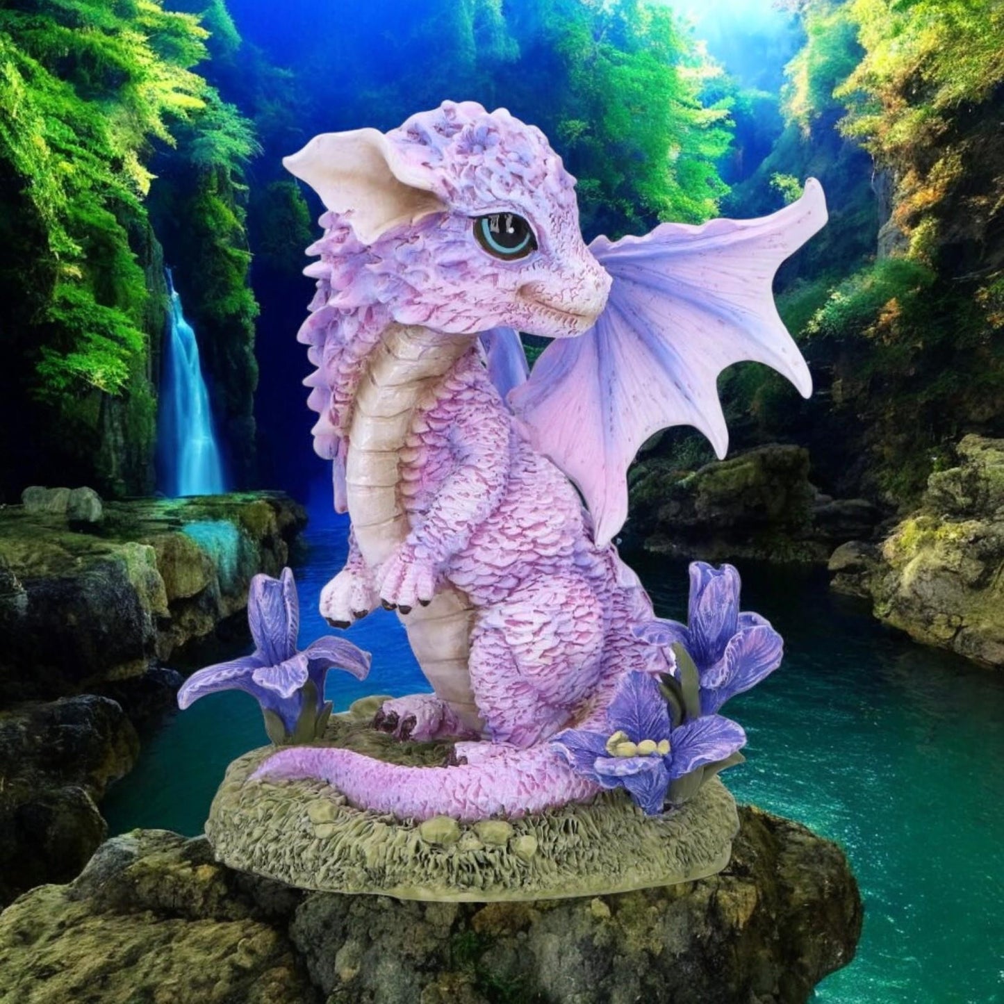 Cute Lavender Dragon Figurine – Mythical Fantasy Resin Statue with Floral Base 12cm