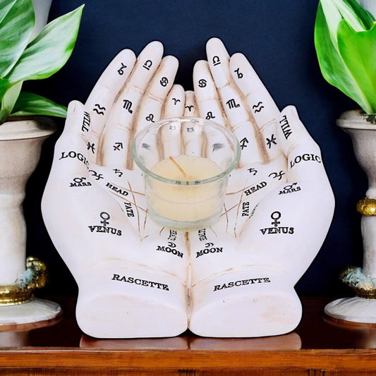 Palmist's Guide White Chiromancy Hands Candle Holder | Gothic Home Decor, Hand-Painted Resin, 22.3cm