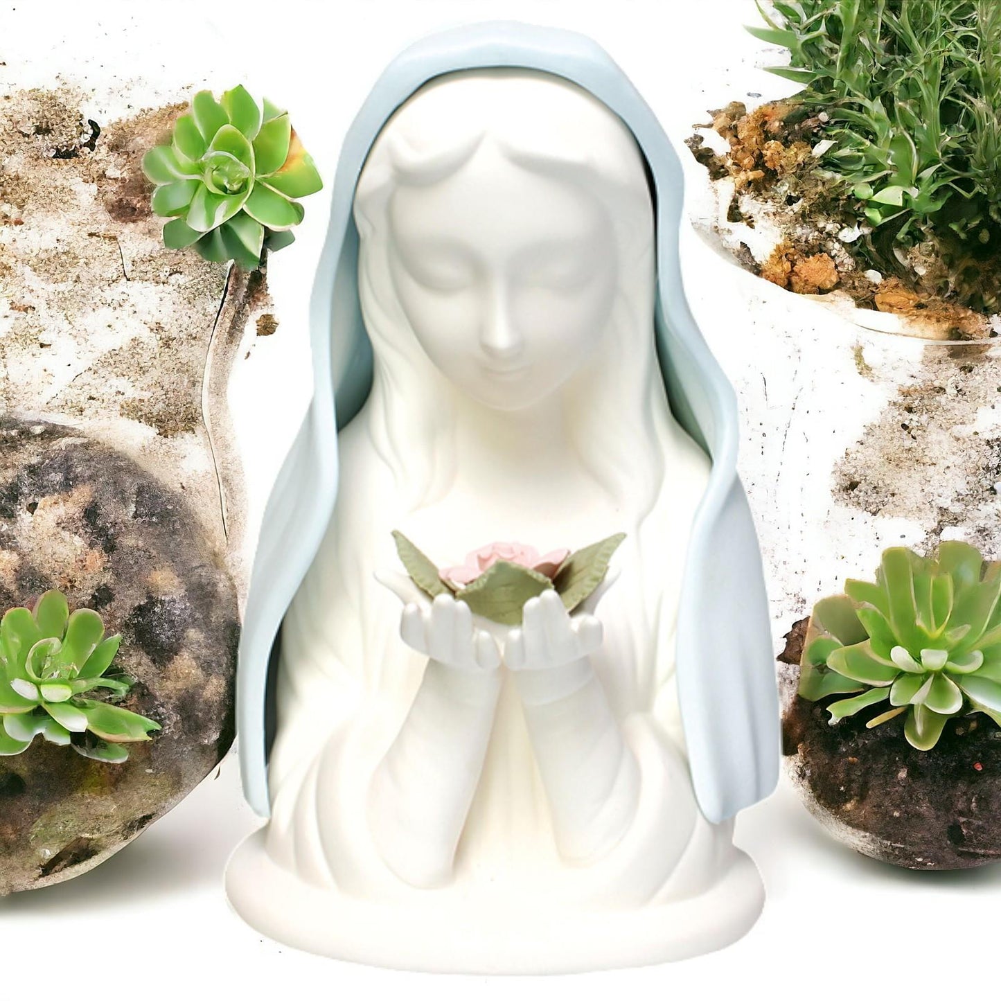 Ceramic Bust of Mary with Illuminating Light - Virgin Mary Mother of Jesus Statue - Religious Figurine Decor