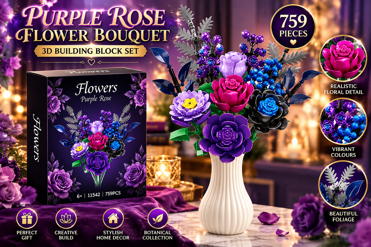 3D Purple Rose Flower Bouquet Building Blocks 759pc Botanical Construction Set