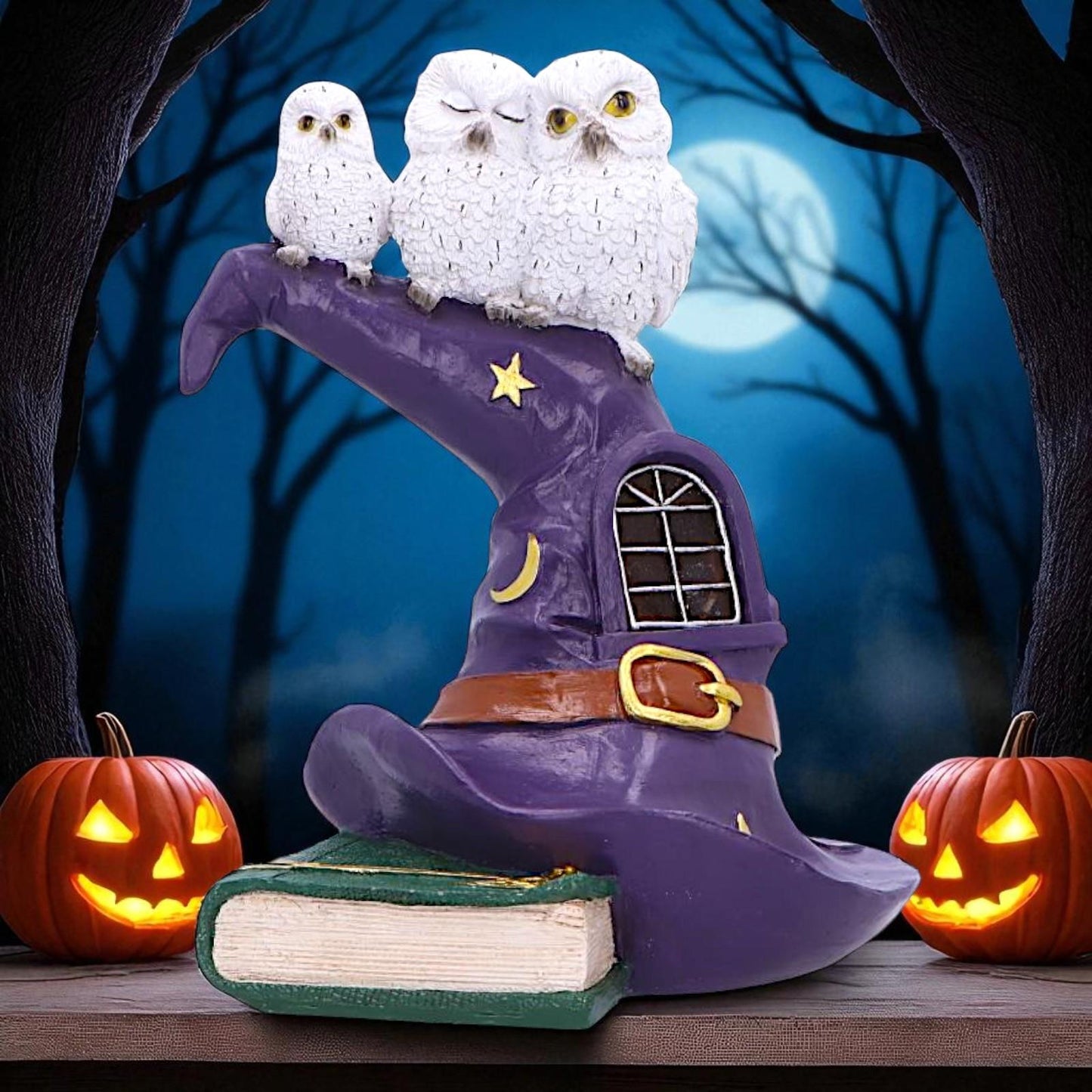 Magical Owl Witch Hat LED Ornament Wiccan Altar Figurine Spooky Halloween