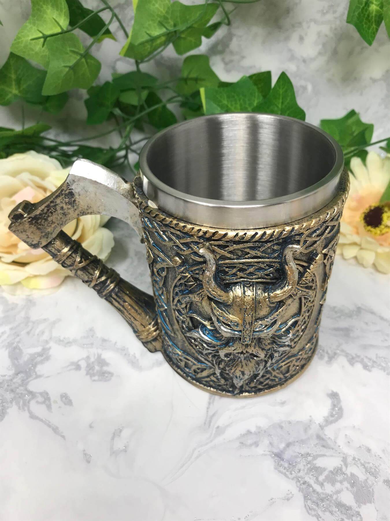 Valhalla Silver Tankard with Axe Handle Viking Warrior Drinking Cup Stein Ornament Table Decoration Norse Mythology Inspired