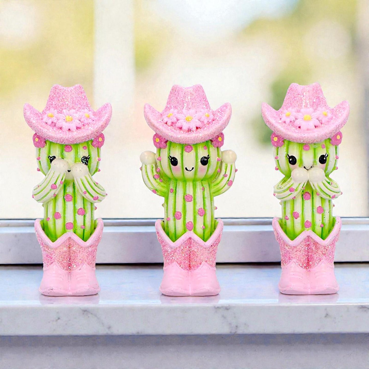 Three Wise Cactus Figurines Cute Novelty Ornament See Hear Speak Evil Decor