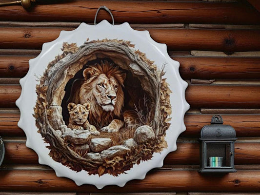 Majestic Lion Family Metal Wall Art 40cm Safari Jungle Animal Bottle Cap Plaque