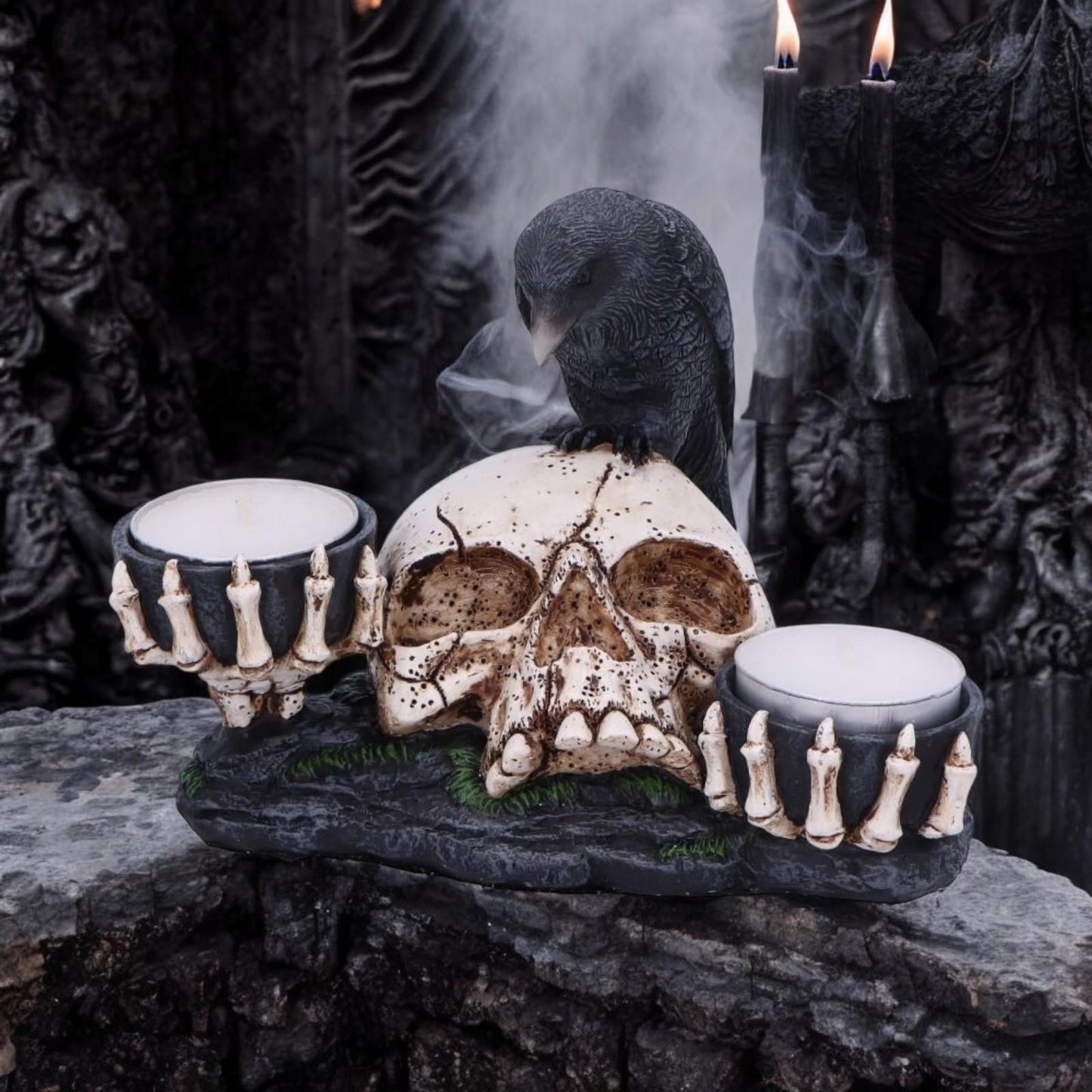 Skull and Raven Candle Holder Gothic Resin Figurine Dark Fantasy Decor 15cm