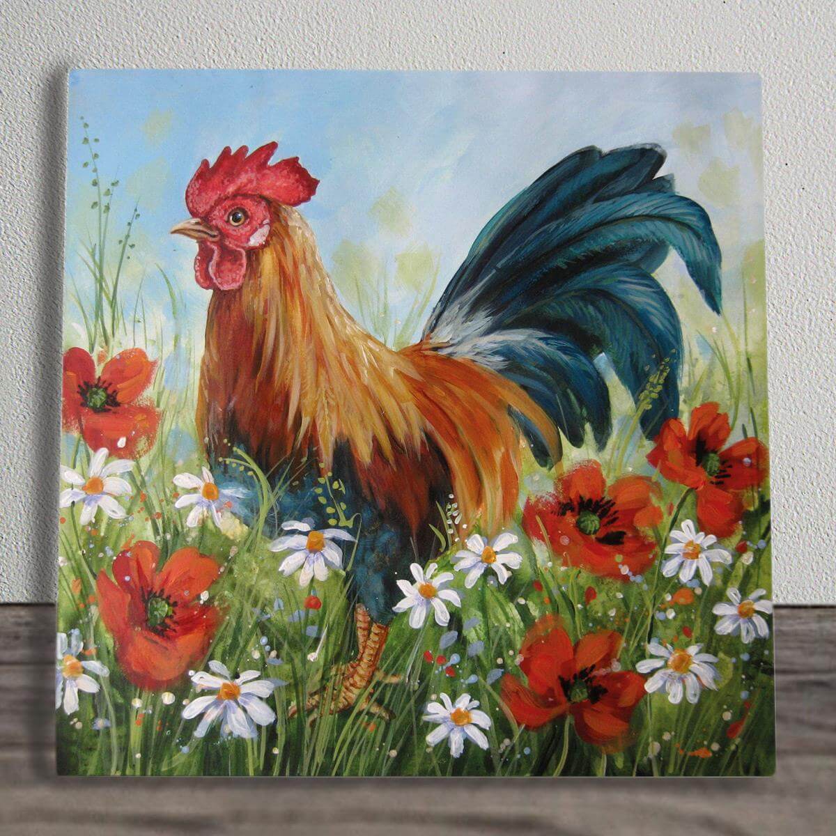 Vibrant 'Poppy Cockerel' Ceramic Tile by Judith Yates - Rustic Farmhouse Wall Art, Freestanding or Wall Mounted, 20x20 cm-Osiris Craftworks