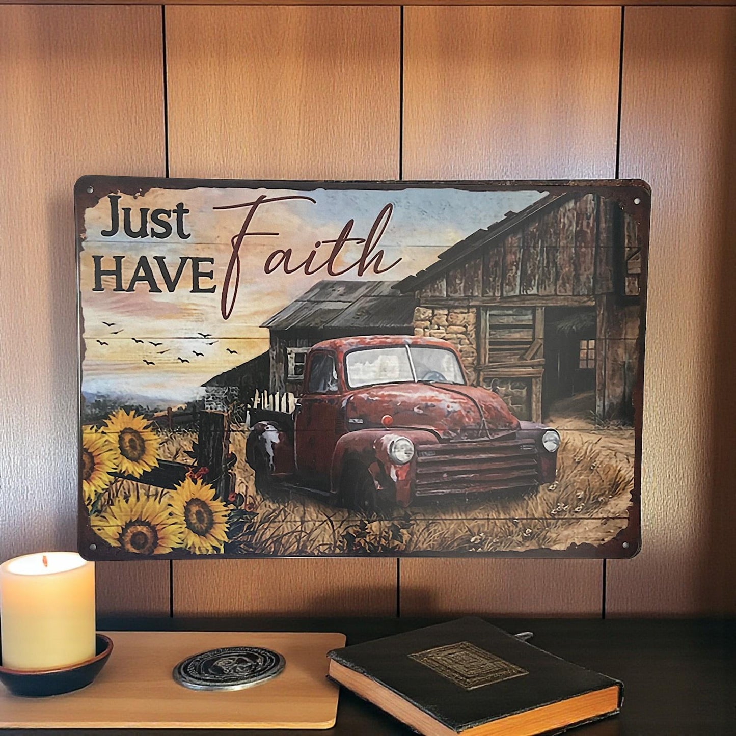 Rustic Farmhouse Metal Sign Sunflowers Red Truck Just Have Faith Wall Plaque
