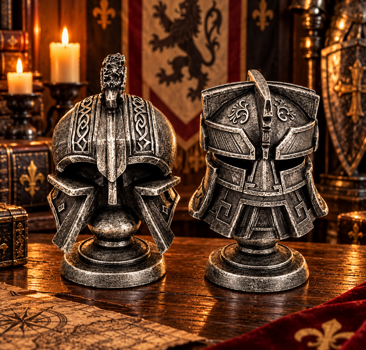 Set of 2 Medieval Knight Helmet Sculptures Silver Effect Gothic Ornaments 12.3cm