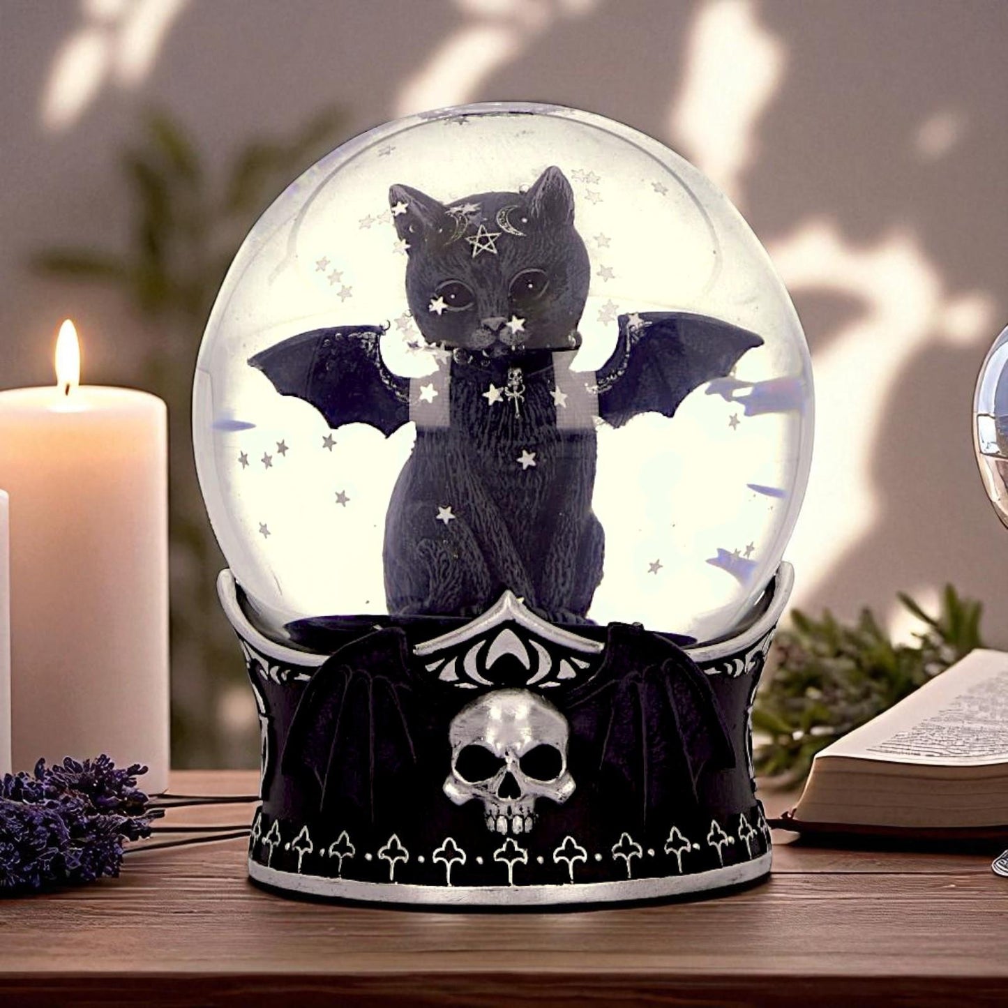Gothic Malpuss Snow Globe Cult Cuties Winged Cat Figurine Witchy Occult Decor