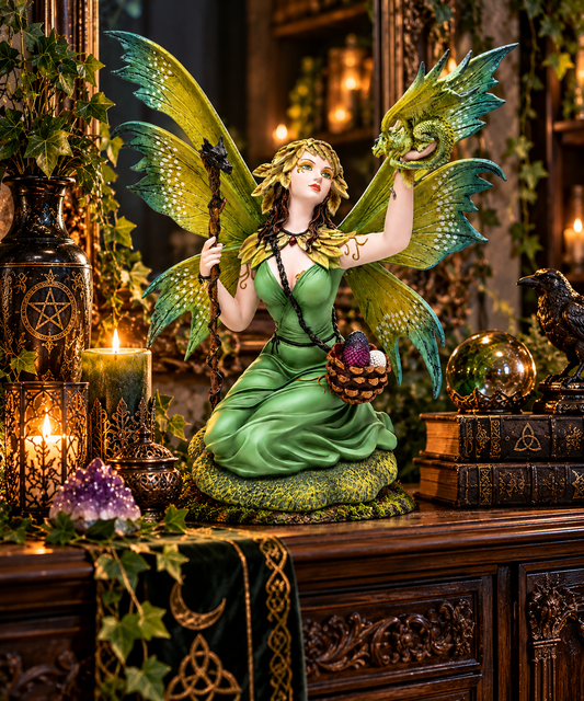 Woodland Green Fairy Dragon Statue 39cm Gothic Fantasy Figurine Home Ornament