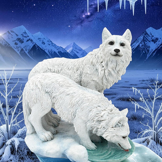 Arctic Wolf Pair Figurine Resin Wildlife Collectible Woodland Display Decor 14.8cm