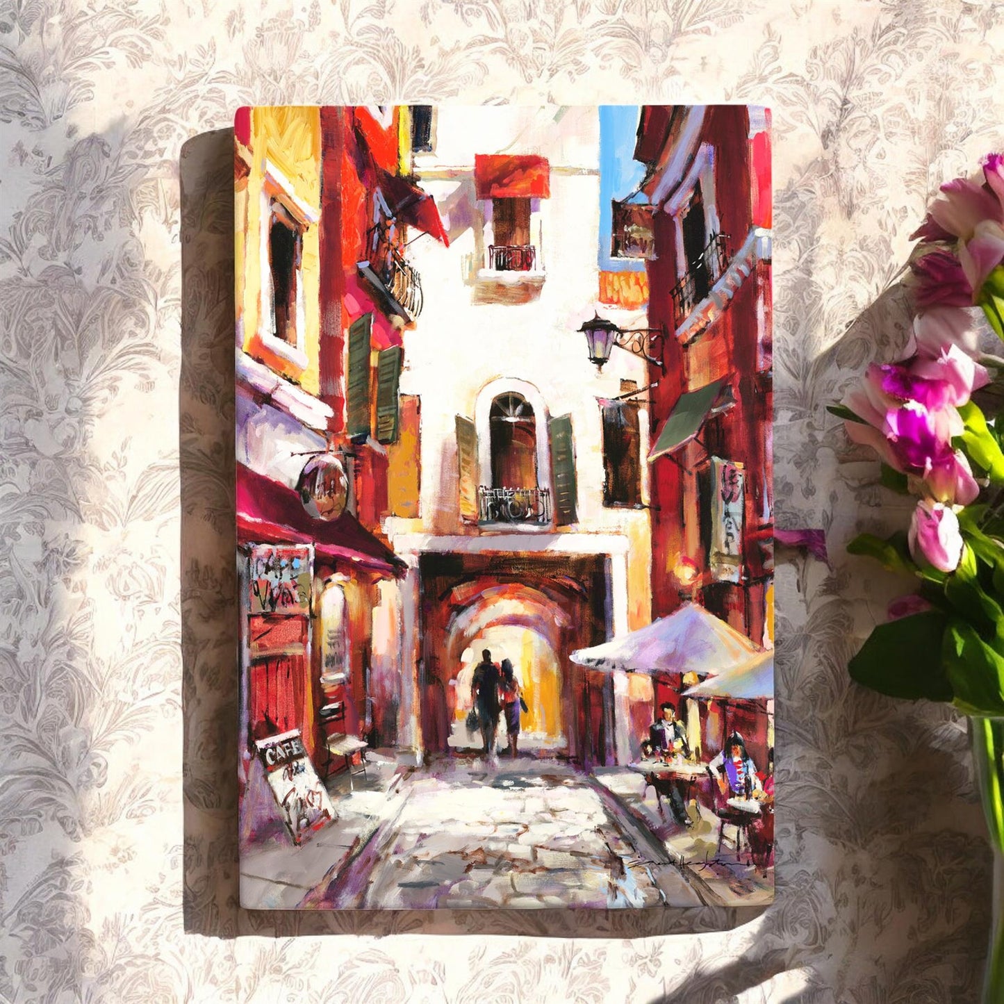 European Holiday Ceramic Art Tile by Brent Heighton 30x20 cm - Wall Decor Ready to Hang | Vibrant Mediterranean Street Scene | Interior Design Art Gift-Osiris Craftworks
