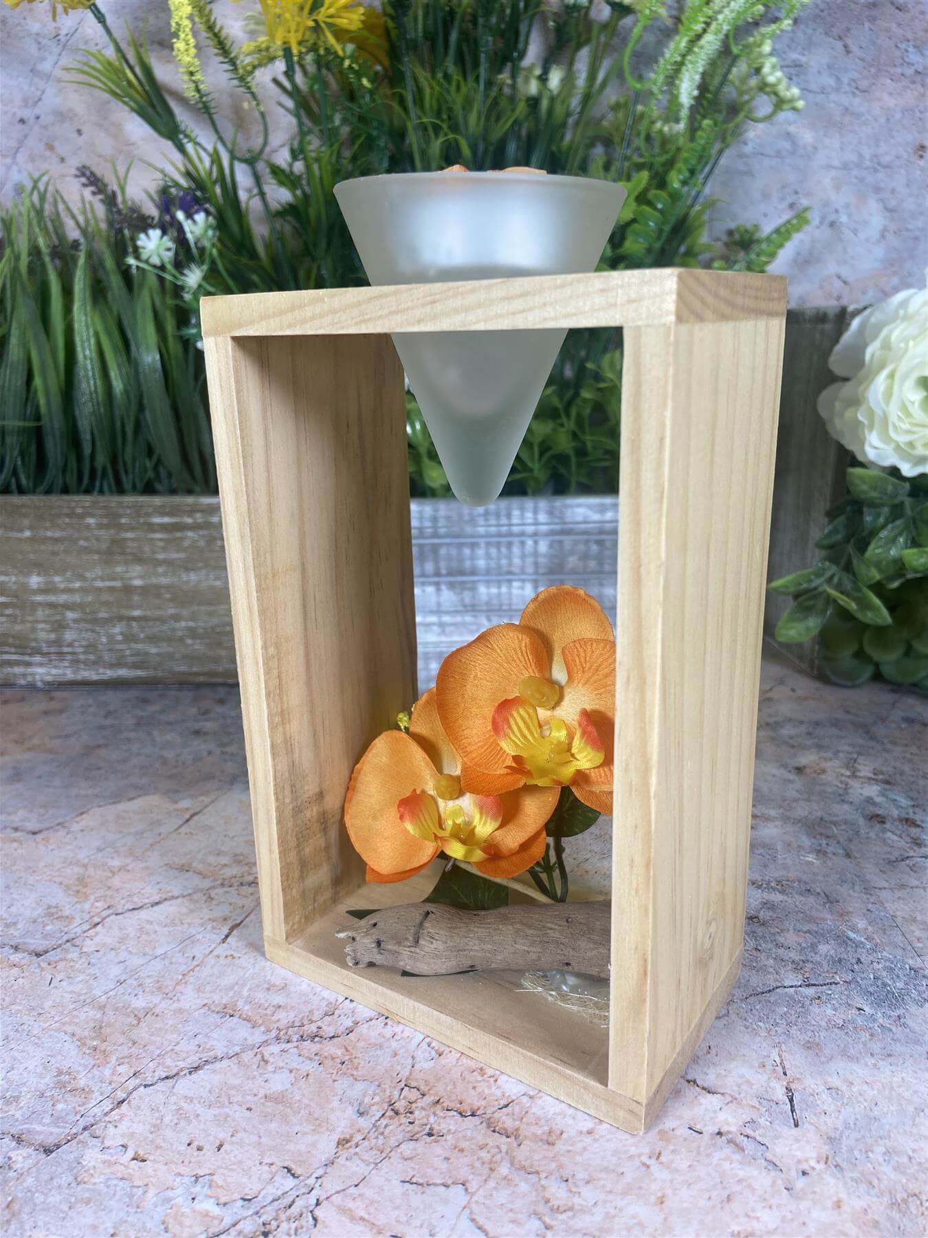 Elegant Orchid Artificial Flower Arrangement with Wooden Candle Holder - 19 cm Tall