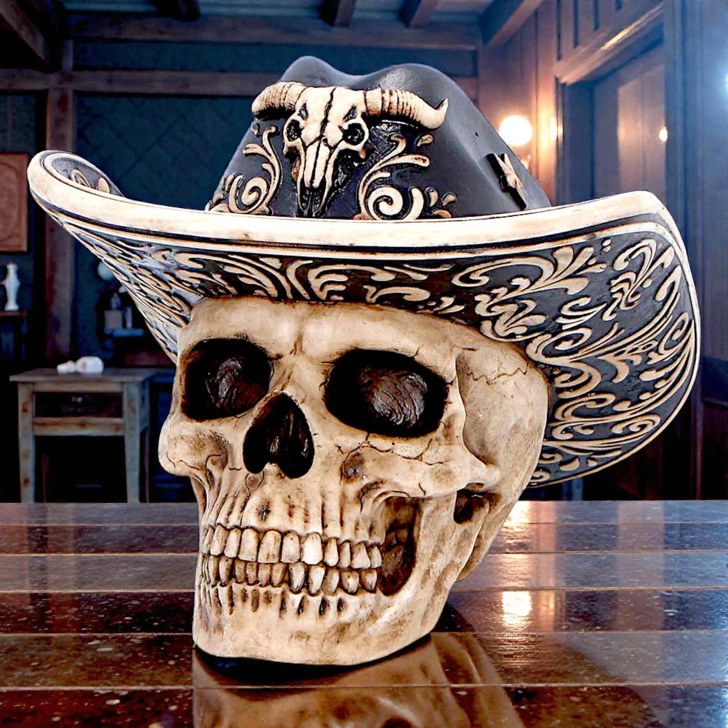 Cowboy Skull Statue Figurine Ornament Sculpture Wild West Gothic Home Decor