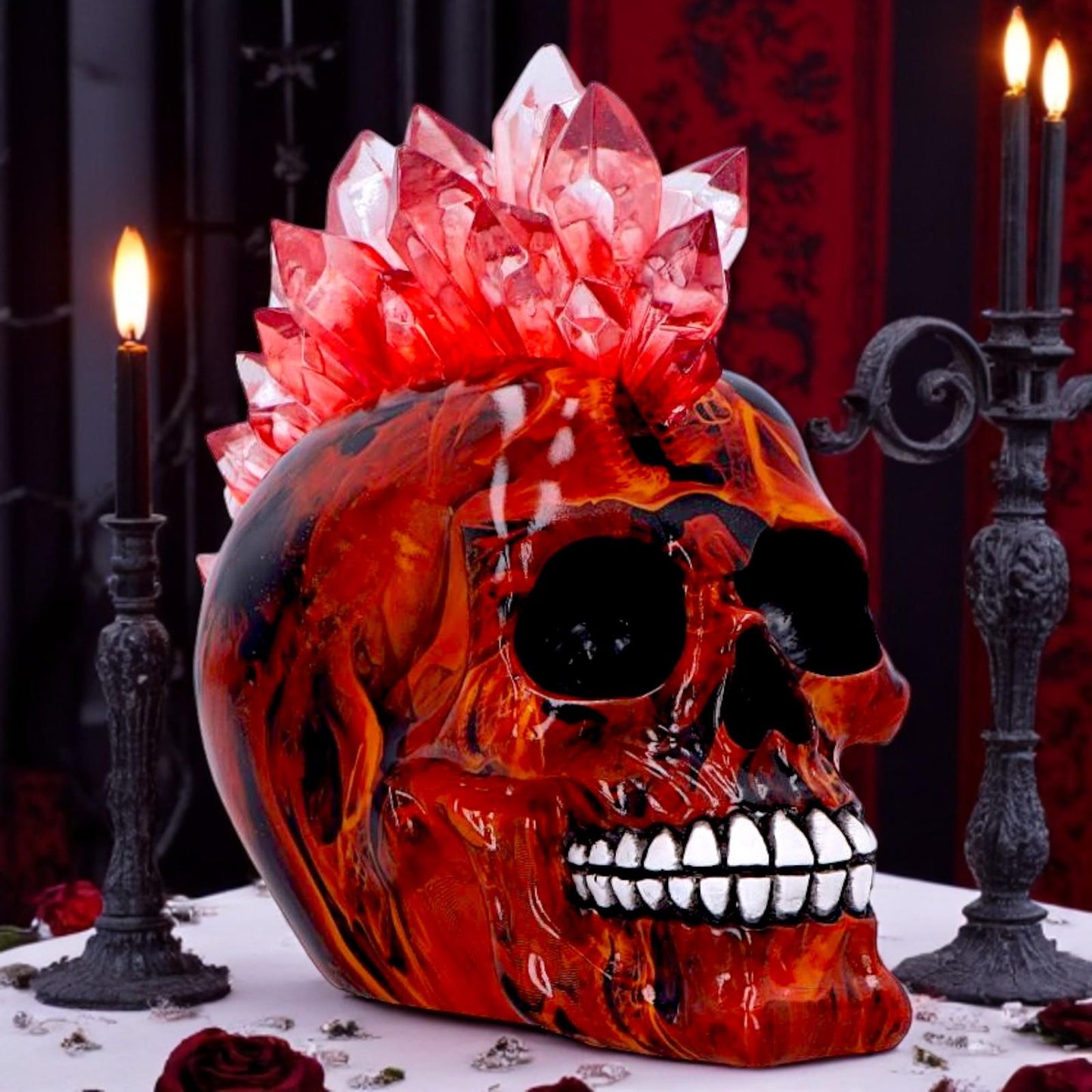 Red Crystal LED Skull with Mohawk Gothic Punk Statue Horror Fantasy Figurine Art