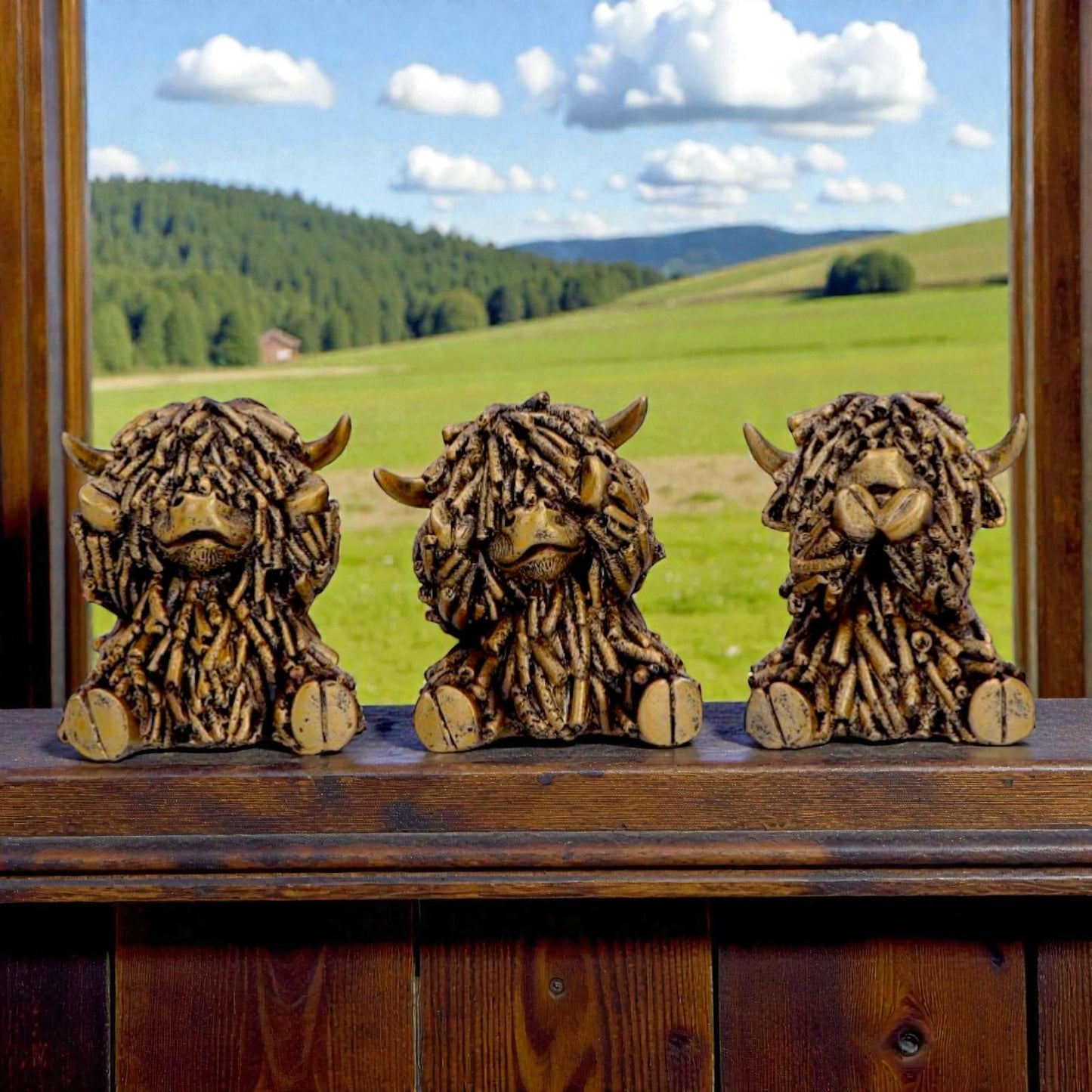 Three Wise Highland Cow Figurines Gold Farm Animal See Hear Speak Set