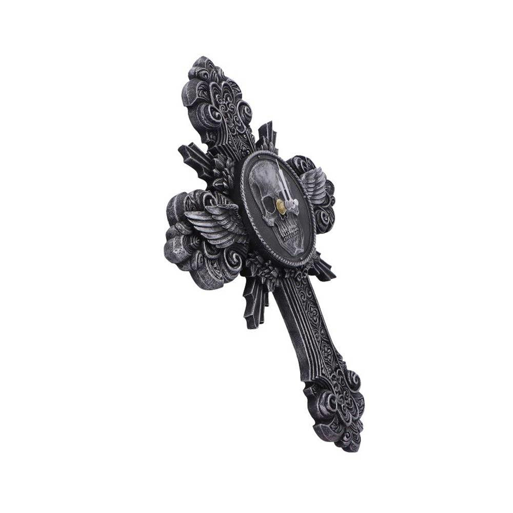 Horas Gothic Wall Clock Skull Cross Wings Silver Dark Fantasy Halloween Decor