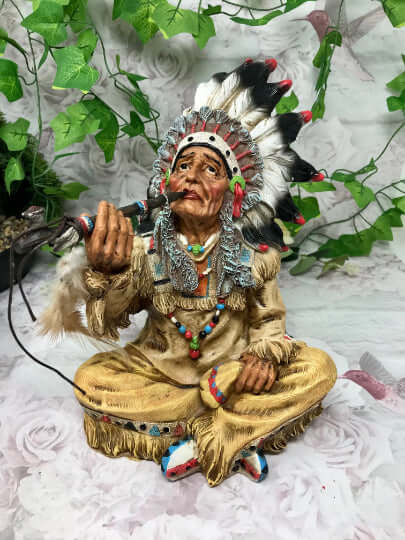 Indian Chief Smoking a Peace Pipe Figurine Native American Collection Sculpture