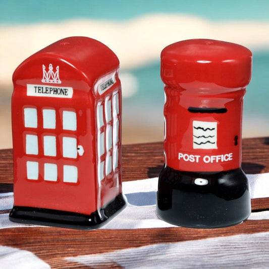 London Inspired Ceramic Salt and Pepper Shakers Red Phone Box Post Office Design