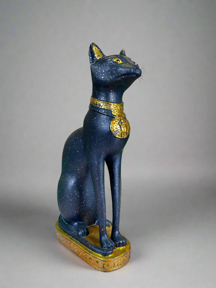 Regal Egyptian Bastet Cat Figurine, Resin Statue with Hieroglyphics, Ancient Egypt Goddess, Protective Home Ornament, Black Gold Bast Decor