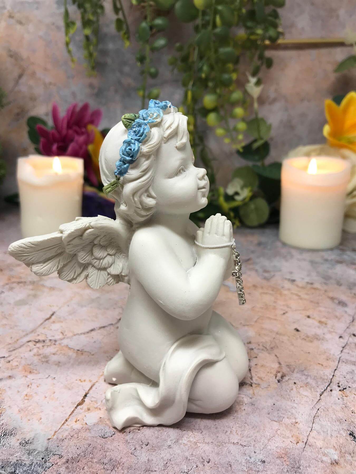 Praying Cherub Angel Figurine | 7.8cm Resin Religious Decor | Baby Angel with Cross