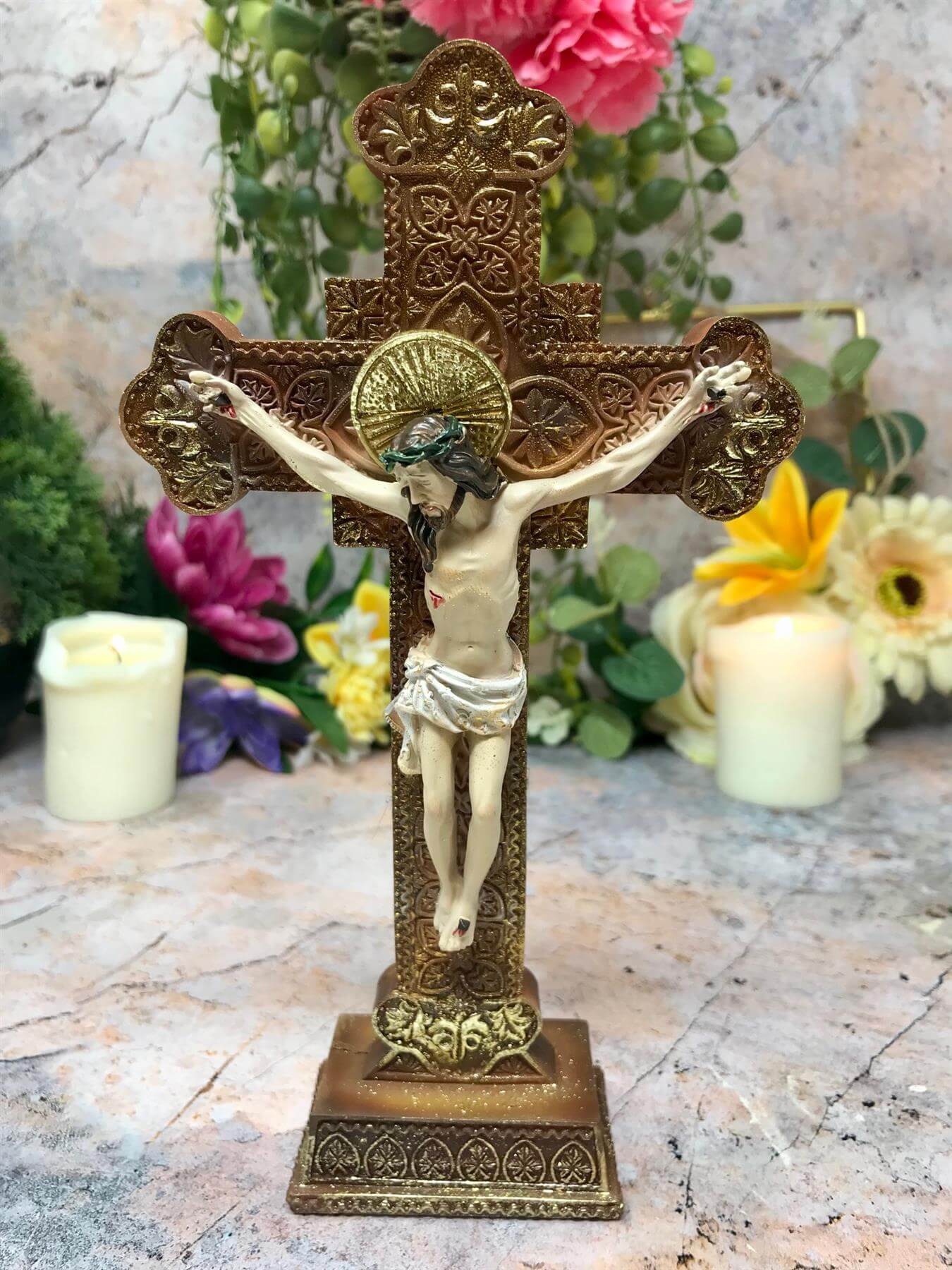 Freestanding Crucifix Resin Corpus Christi Jesus Christ Cross Religious Ornament Sculpture