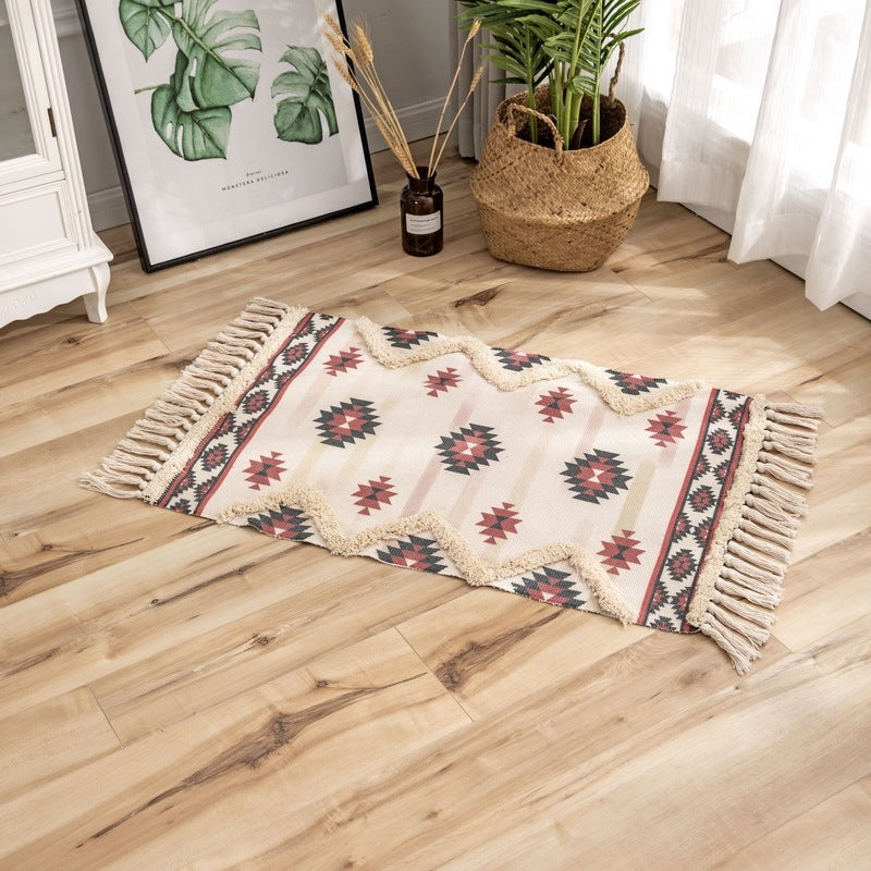 Tufted Ethnic Style Floor Mat - Bohemian Area Rug with Fringe, Decorative Carpet for Living Room, Bedroom, or Entryway