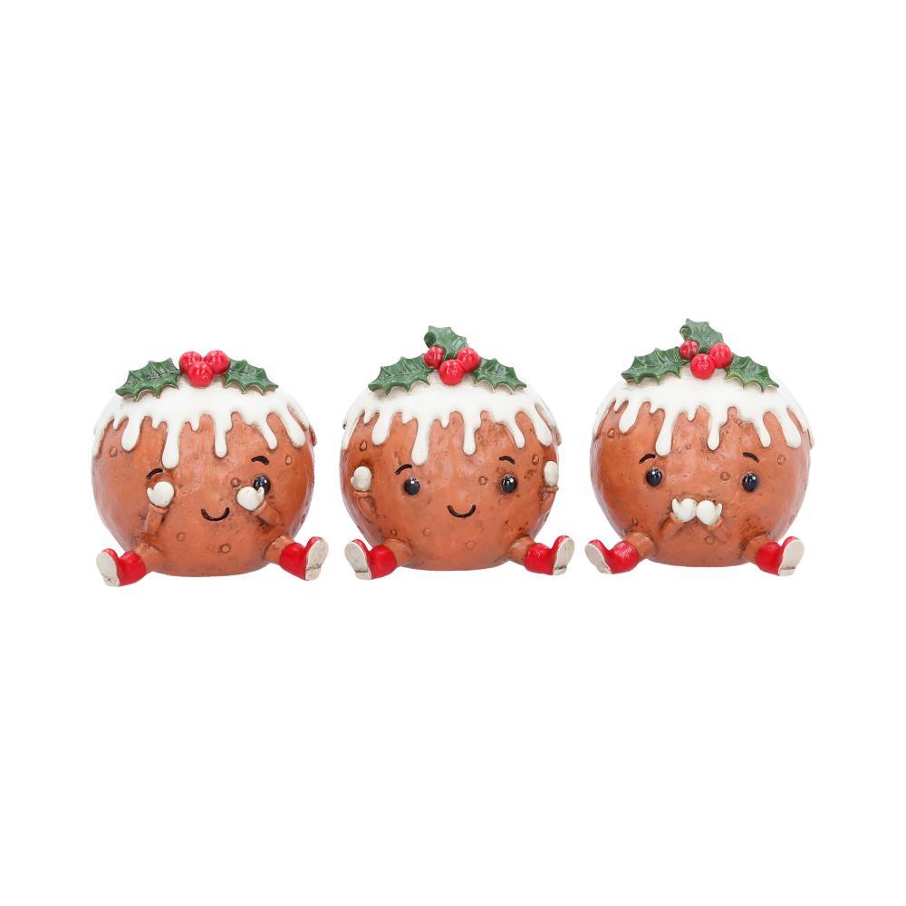 Christmas Pudding Figurine Set 3 See Hear Speak No Evil Cute Festive Shelf Decor
