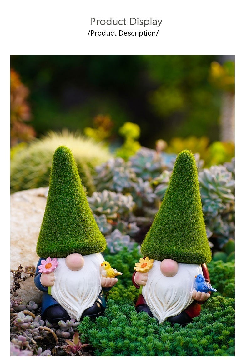 Whimsical Garden Gnome Statue - Moss Hat Design, Handcrafted Resin, Adorable Gnome Holding Bird & Flower, Ideal for Outdoor Garden Decor